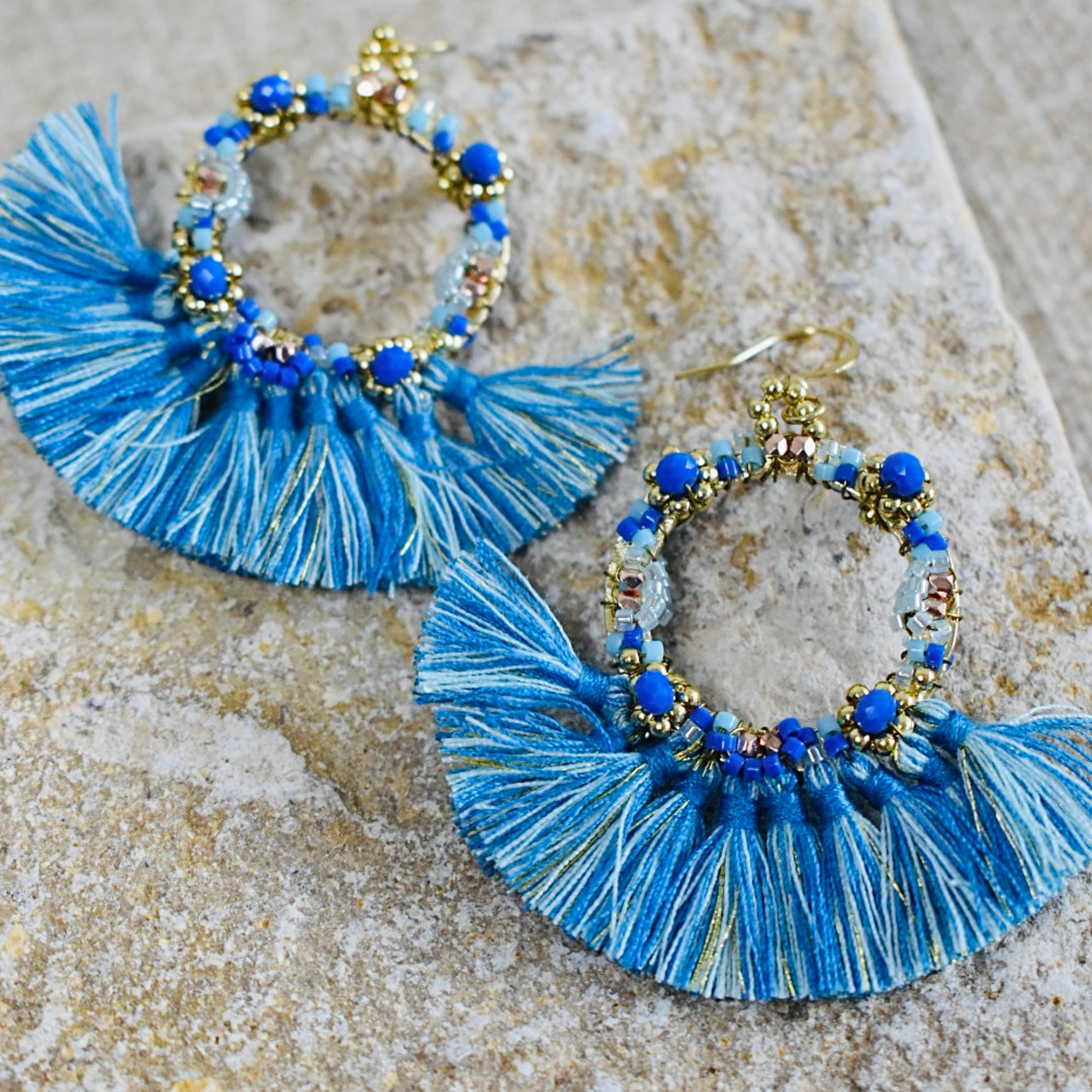 The Garland Reversible Beaded Tassel Earrings Blue